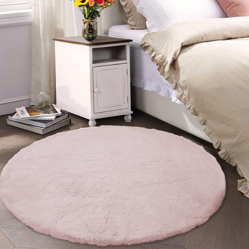 Latepis Faux Rabbit Fur Dorm Rug Light Pink Round Rugs 5ft Fluffy Washable NonSlip Rug for Living Room Bedroom Nursery and Playing Room - Image 2