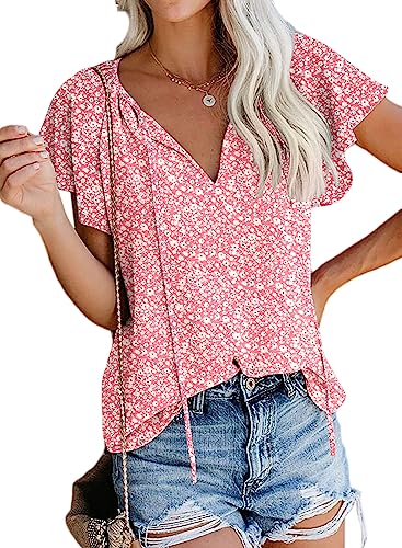SimpleFun Flowy Shirts for Women Summer Casual Chiffon Lightweight Tops Ladies Dressy Blouse (Floral14,M) - Image 1