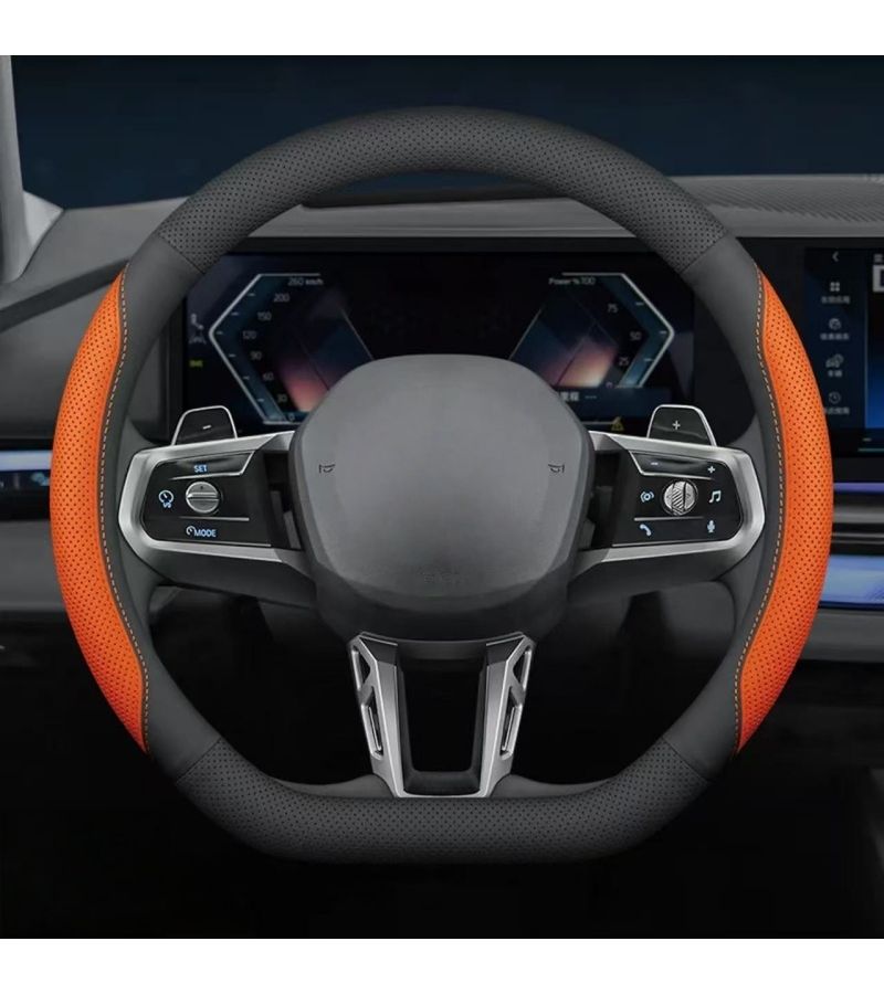 Orange Line D Shape Steering Wheel Cover 14.57 15.16 Inch Breathable Perforated Faux Leather - Image 1