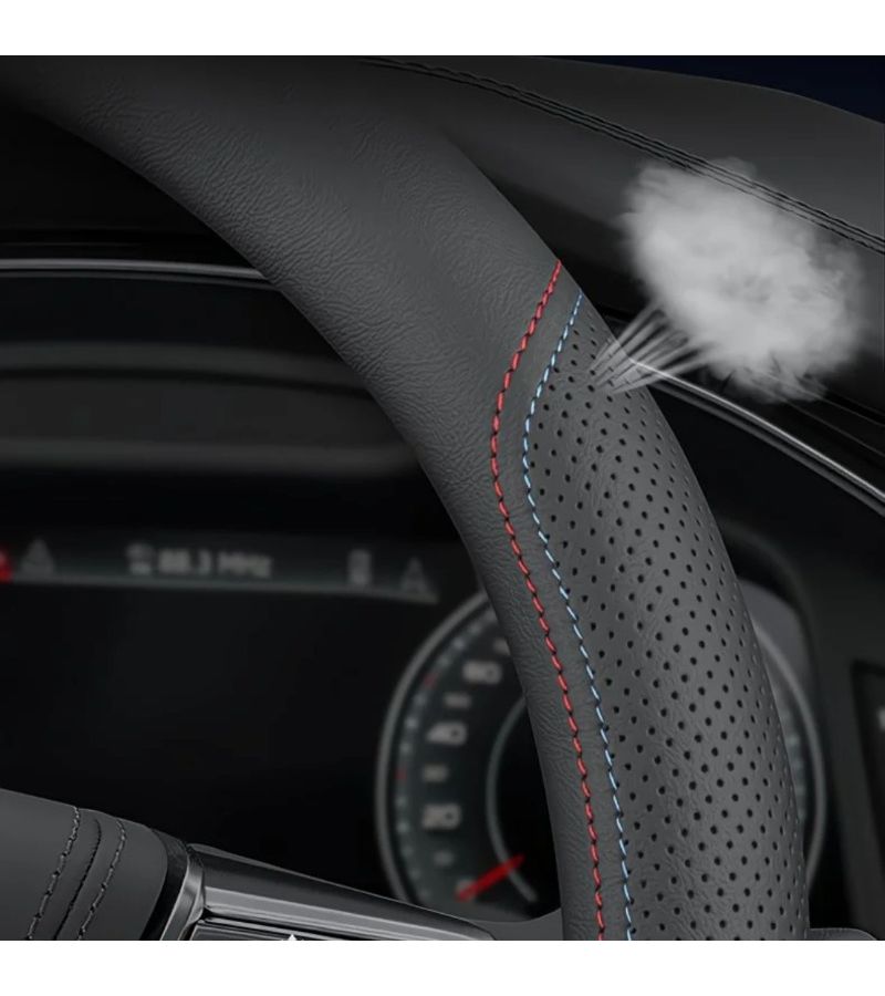 Orange Line D Shape Steering Wheel Cover 14.57 15.16 Inch Breathable Perforated Faux Leather - Image 4
