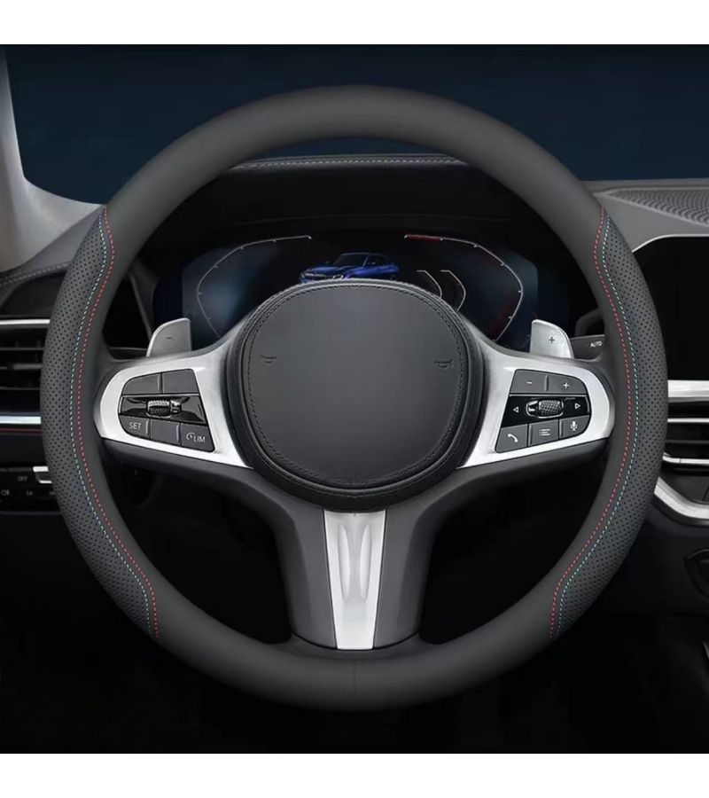 Orange Line D Shape Steering Wheel Cover 14.57 15.16 Inch Breathable Perforated Faux Leather - Image 2