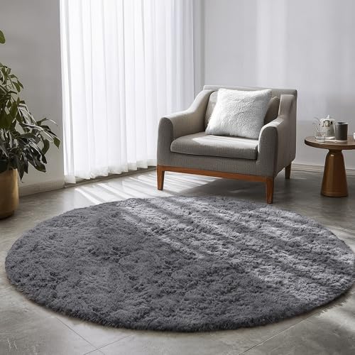 Amdrebio Grey Round Rugs 6Ft for Bedroom Living Room Decor, Fluffy Shaggy Circle Area Rug for Kids Room Classroom Playroom, Large Furry Floor Circular Gray Carpet for Teen Girls Boys Nursery Dorm - Image 1