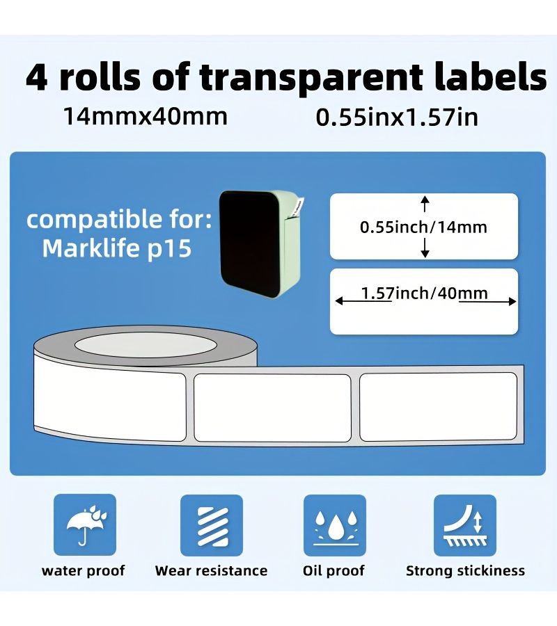 Transparent Thermal Label Paper 14X40Mm 4 Rolls 640 Sheets Self Adhesive Oil Proof - Image 2