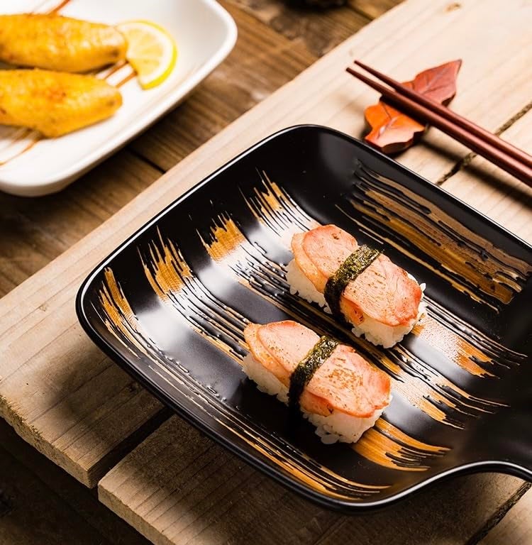 EZYHOME 9" Matt Finish Non-Slip Baking Tray with Handle Square Plate Japanese Style Dish Plate Porcelain Salad Plate for Handle, Platter for Pasta, Maggi, Noodles, Manchurian, Dessert, Ice Cream etc - Image 2