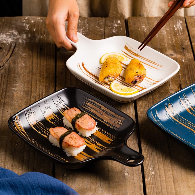 EZYHOME 9" Matt Finish Non-Slip Baking Tray with Handle Square Plate Japanese Style Dish Plate Porcelain Salad Plate for Handle, Platter for Pasta, Maggi, Noodles, Manchurian, Dessert, Ice Cream etc - Image 4