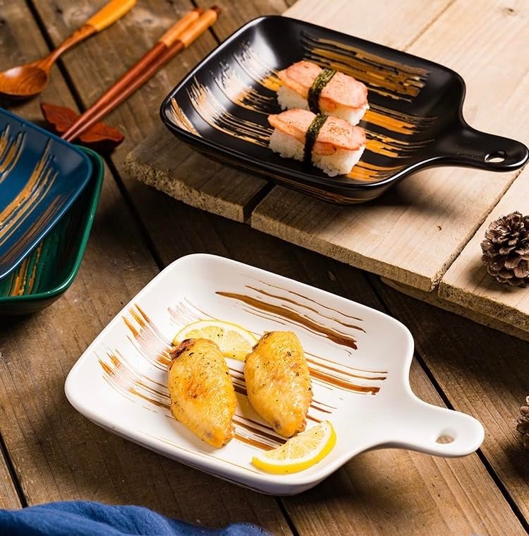 EZYHOME 9" Matt Finish Non-Slip Baking Tray with Handle Square Plate Japanese Style Dish Plate Porcelain Salad Plate for Handle, Platter for Pasta, Maggi, Noodles, Manchurian, Dessert, Ice Cream etc - Image 3