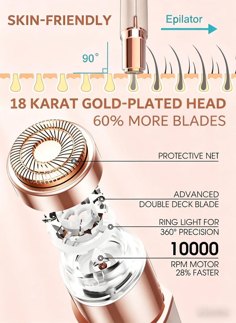 Woofixer Facial Hair Remover for Women 18K Gold Floating Head Painless Hair Removal Double Ring Blade 10000RPM 360 LED Ring Light USB Rechargeable Washable Face Dermaplaning Tool - Image 4