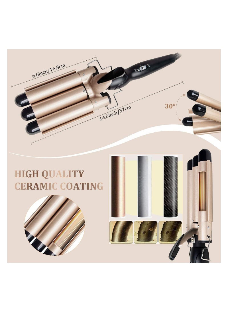 Gonice 3 Barrel Curling Iron Wand - Dual Voltage Temperature Adjustable 25mm Hair Crimper,1 Inch Ceramic Tourmaline Triple Barrels,Hair Waving Styling Tools, Gold  - Image 3