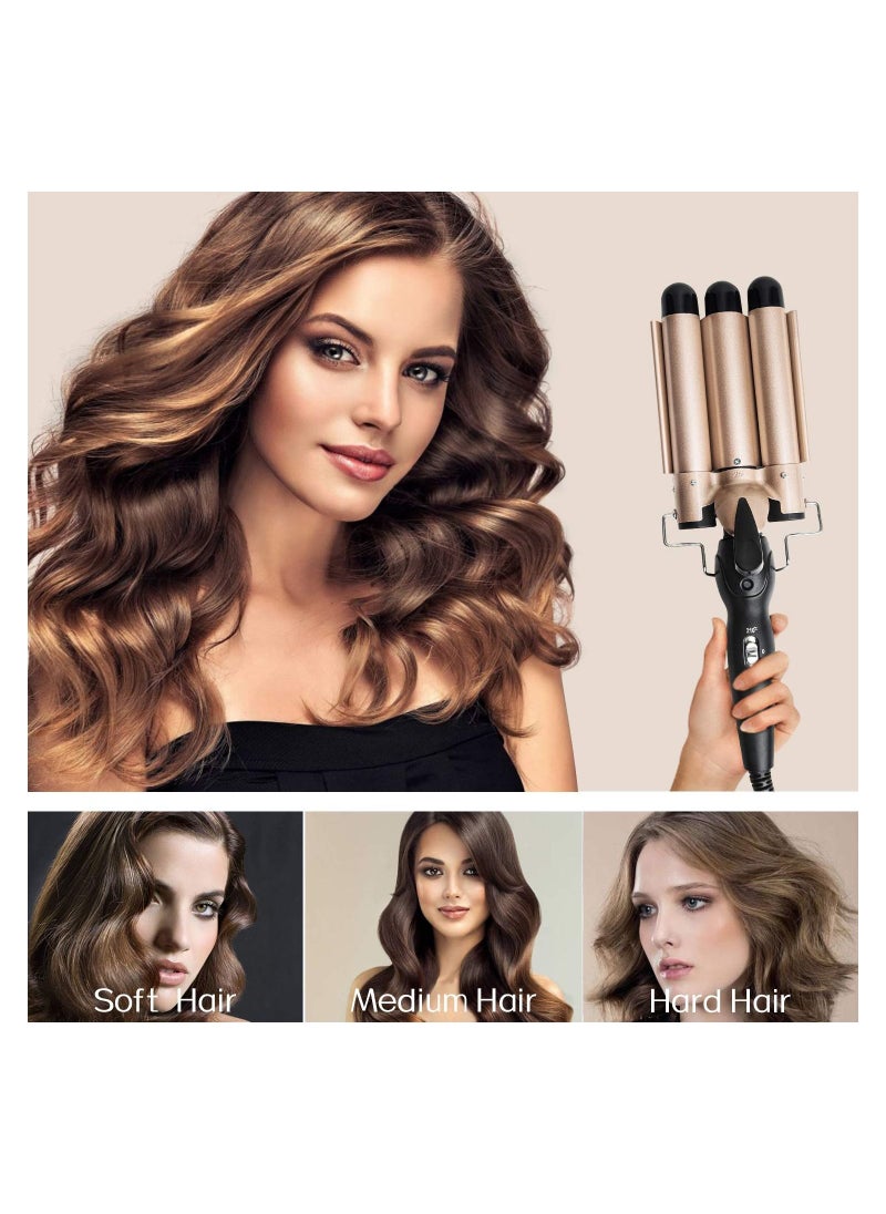Gonice 3 Barrel Curling Iron Wand - Dual Voltage Temperature Adjustable 25mm Hair Crimper,1 Inch Ceramic Tourmaline Triple Barrels,Hair Waving Styling Tools, Gold  - Image 4