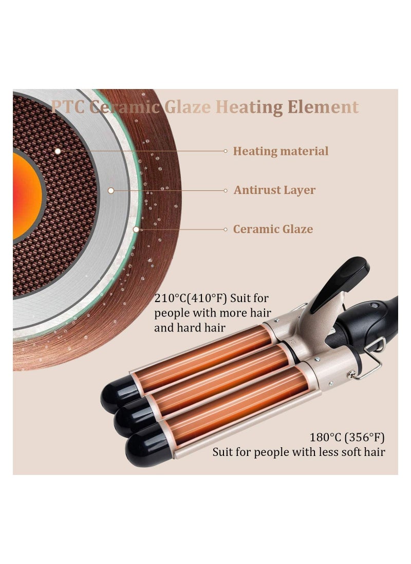 Gonice 3 Barrel Curling Iron Wand - Dual Voltage Temperature Adjustable 25mm Hair Crimper,1 Inch Ceramic Tourmaline Triple Barrels,Hair Waving Styling Tools, Gold  - Image 5