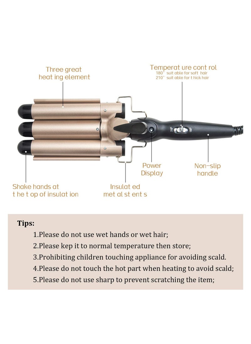 Gonice 3 Barrel Curling Iron Wand - Dual Voltage Temperature Adjustable 25mm Hair Crimper,1 Inch Ceramic Tourmaline Triple Barrels,Hair Waving Styling Tools, Gold  - Image 2