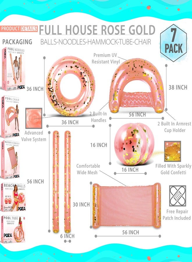 POZA Inflatable Rose Gold Full House Bundle - Premium Luxurious Sparkle Confetti 36" Pool Float Tube, 16" Beach Balls, 74" Pool Noodles, 48" Pool Chair, and 56" Water Hammock - 7 Pieces Pack - Image 2