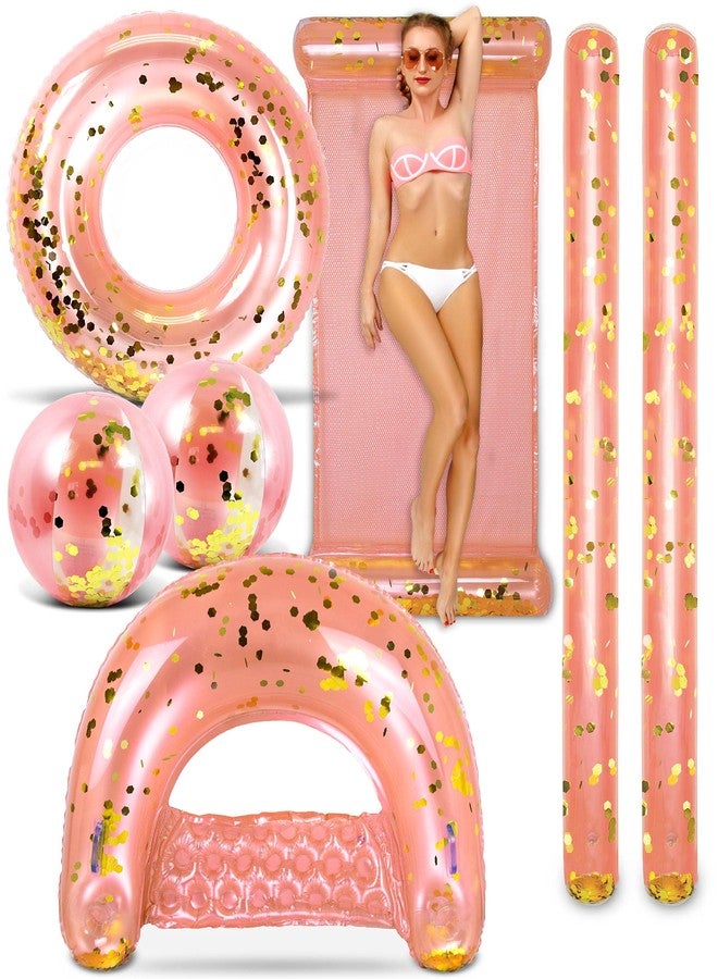 POZA Inflatable Rose Gold Full House Bundle - Premium Luxurious Sparkle Confetti 36" Pool Float Tube, 16" Beach Balls, 74" Pool Noodles, 48" Pool Chair, and 56" Water Hammock - 7 Pieces Pack - Image 1