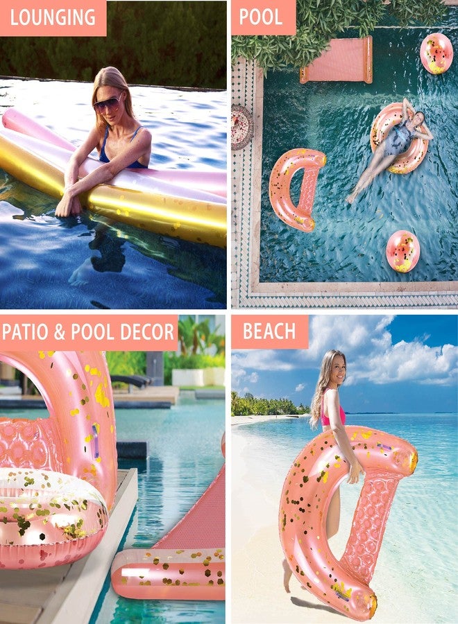 POZA Inflatable Rose Gold Full House Bundle - Premium Luxurious Sparkle Confetti 36" Pool Float Tube, 16" Beach Balls, 74" Pool Noodles, 48" Pool Chair, and 56" Water Hammock - 7 Pieces Pack - Image 3