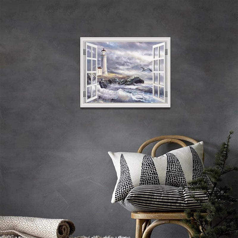 Tourrest Lighthouse Nautical Pictures Wall Art Ocean Canvas Wall Decor Nautical Painting Lighthouse Framed Artwork for Bathroom Bedroom Living Room 16"x12" - Image 2