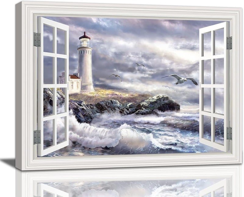 Tourrest Lighthouse Nautical Pictures Wall Art Ocean Canvas Wall Decor Nautical Painting Lighthouse Framed Artwork for Bathroom Bedroom Living Room 16"x12" - Image 1