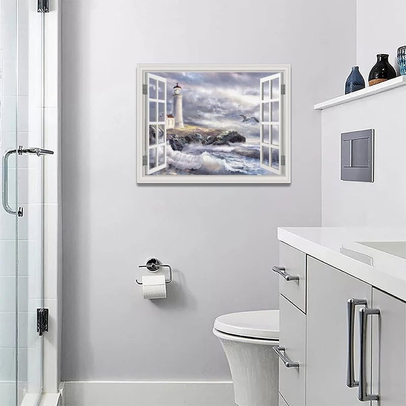 Tourrest Lighthouse Nautical Pictures Wall Art Ocean Canvas Wall Decor Nautical Painting Lighthouse Framed Artwork for Bathroom Bedroom Living Room 16"x12" - Image 5