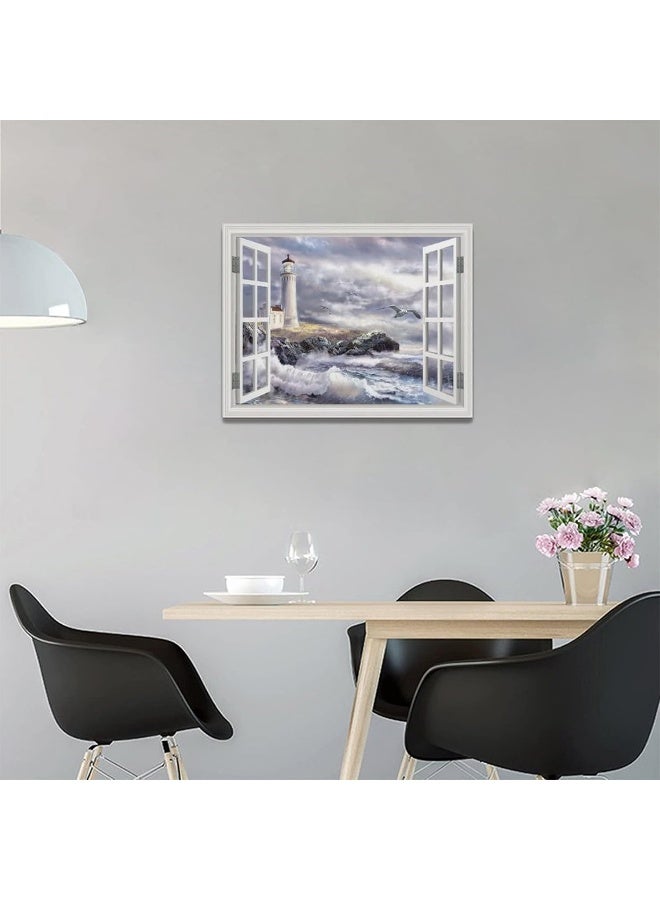 Tourrest Lighthouse Nautical Pictures Wall Art Ocean Canvas Wall Decor Nautical Painting Lighthouse Framed Artwork for Bathroom Bedroom Living Room 16"x12" - Image 3