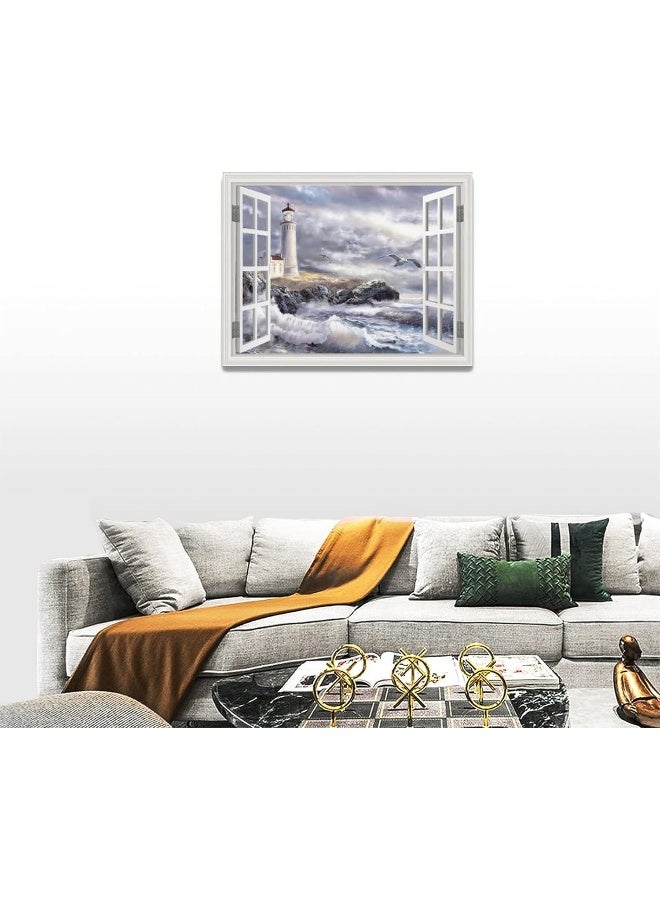 Tourrest Lighthouse Nautical Pictures Wall Art Ocean Canvas Wall Decor Nautical Painting Lighthouse Framed Artwork for Bathroom Bedroom Living Room 16"x12" - Image 4