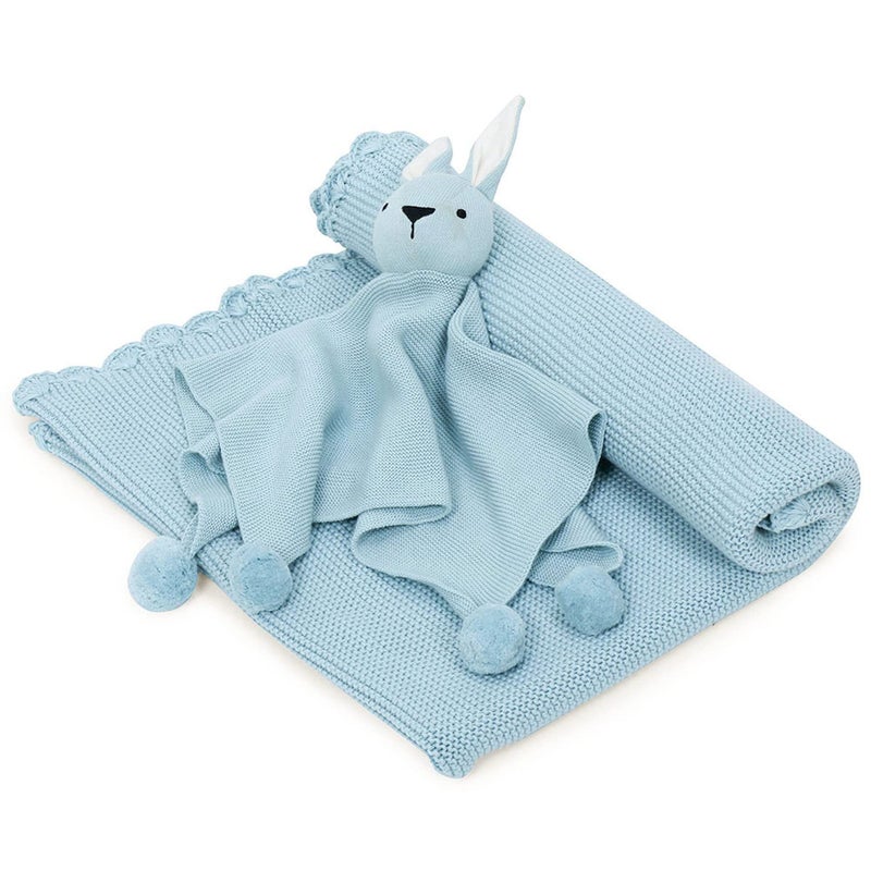 haus kinder 100 Cotton Knitted Blanket for New Born Baby Baby All Season AC Blankets Quilt Wrapper for New Born Boy Girl Size 80 cm x 100 cm 0 to 2 Years Thumbie with Toy Blue