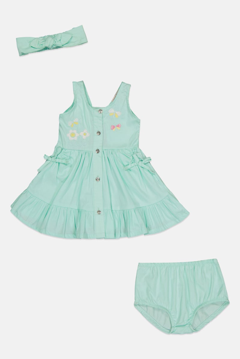 Nanette lepore Toddlers Girl 3Pcs Embroidered Dress And Panty With Headband Set, Mint Green - Image 2