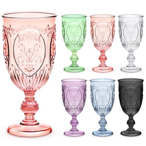 Wiwiqing 6 Pcs Plastic Goblets 75oz Vintage Goblet Plastic Wine Glasses Colored Retro Embossed Water Goblets for Wine Bar Juice Baby Shower Wedding Reception Grand Event Party Multicolor