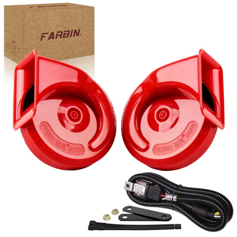 FARBIN 12v Horn for Car Universal Vehicle Horns Loud DualTone Horn Snail Horn Kit with Relay HarnessRed horn and wiring harness 12v
