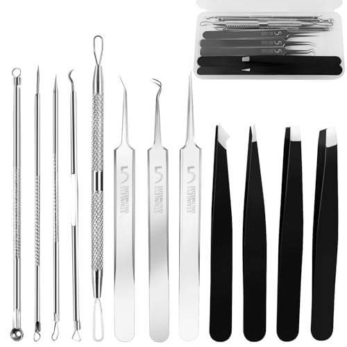 Blackhead Remover Tools 8 Pack Pimple Popper Tool Kit 4 Pack Tweezers Set Quickly and Easily Removes Acne and Blackheads Precision Eyebrow Tweezers for Facial Hair