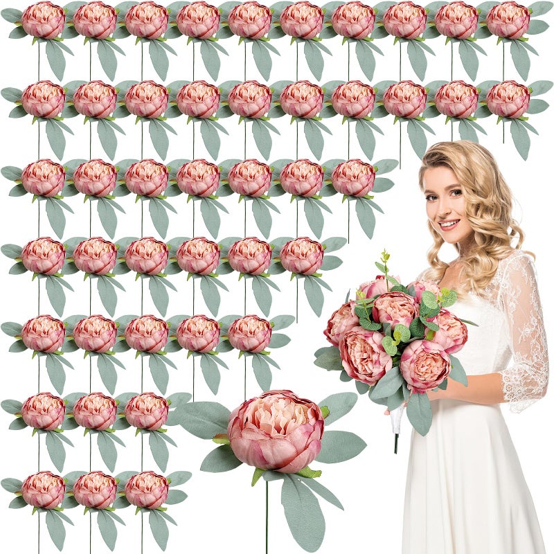 Scawim 50Pcs Artificial Peonies Flowers 4 Dusty Pink Peonies Fake Flowers Heads for Table Faux Silk Peony Arrangements for Wedding Valentine Engagement Party Coffee Dining Decorations - Image 2