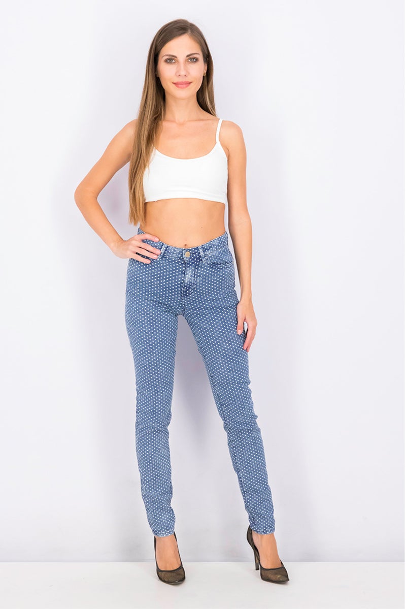 GUESS Women Skinny Fit Polka Dotted Stretchable Denim Jean, Blue - Image 4