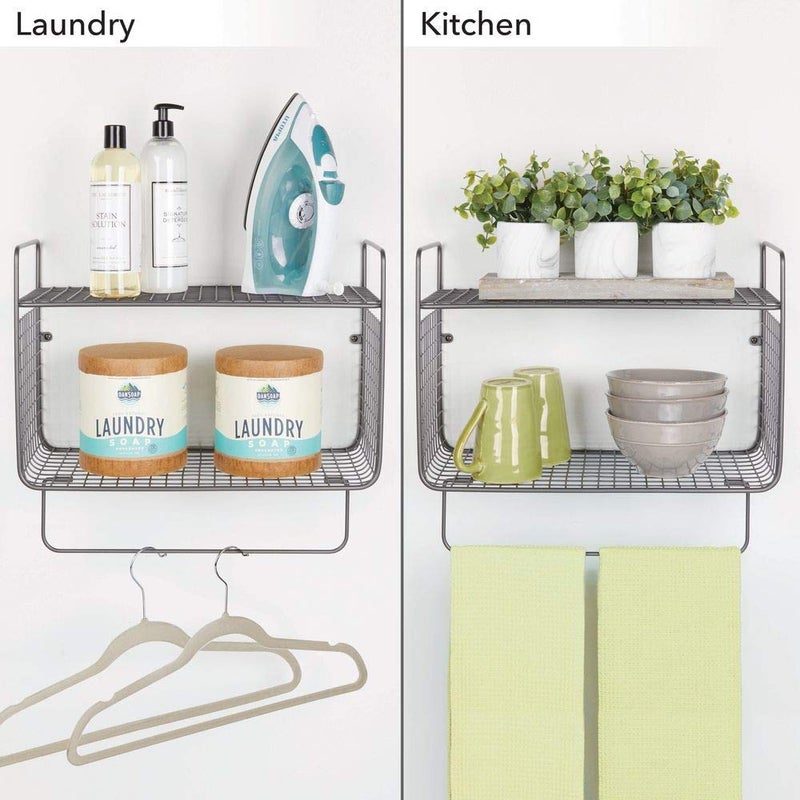 INDIAN DECOR INDIAN DECOR 21706 Metal Wire Farmhouse Wall Decor Storage Organizer 2 Tier Shelf with Towel Bar for Bathroom Laundry Room Kitchen Garage Wall Mount Gray  - Image 4