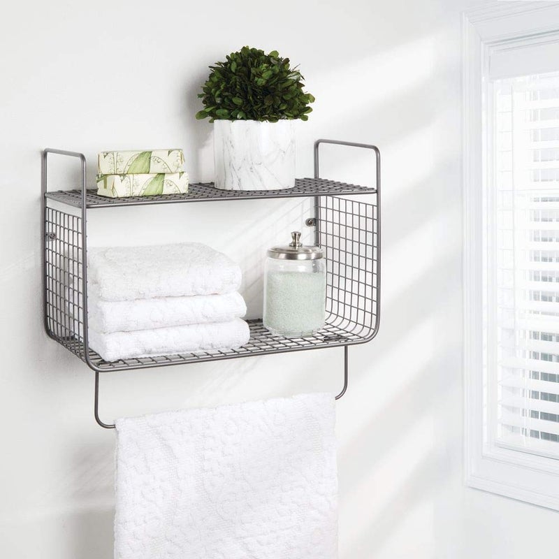 INDIAN DECOR INDIAN DECOR 21706 Metal Wire Farmhouse Wall Decor Storage Organizer 2 Tier Shelf with Towel Bar for Bathroom Laundry Room Kitchen Garage Wall Mount Gray  - Image 2