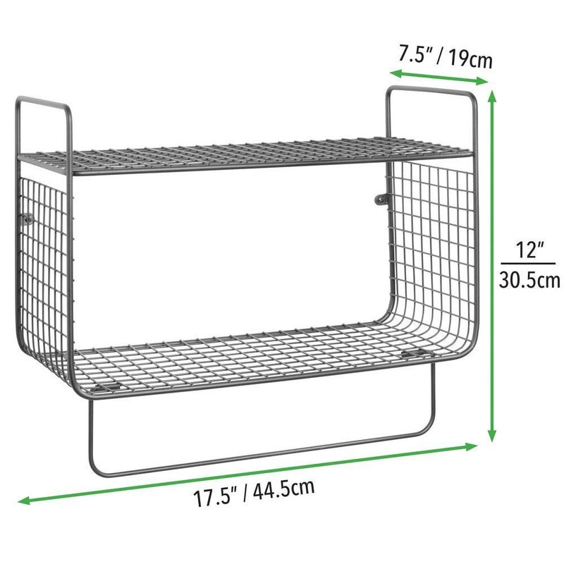 INDIAN DECOR INDIAN DECOR 21706 Metal Wire Farmhouse Wall Decor Storage Organizer 2 Tier Shelf with Towel Bar for Bathroom Laundry Room Kitchen Garage Wall Mount Gray  - Image 3