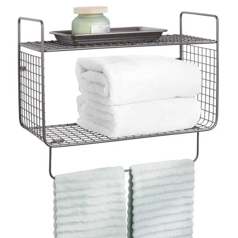INDIAN DECOR INDIAN DECOR 21706 Metal Wire Farmhouse Wall Decor Storage Organizer 2 Tier Shelf with Towel Bar for Bathroom Laundry Room Kitchen Garage Wall Mount Gray  - Image 1