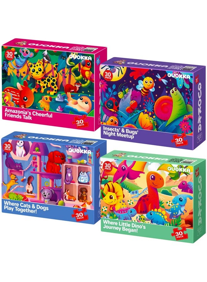 QUOKKA Puzzles for Toddlers 4-6 - 4 x 30 Pieces Puzzles for Kids Ages 3-4 - Dinosaur & Animals Learning Jigsaw Puzzles for Kids 3-5 Years Old - Educational Toys for Boy and Girl - Image 1