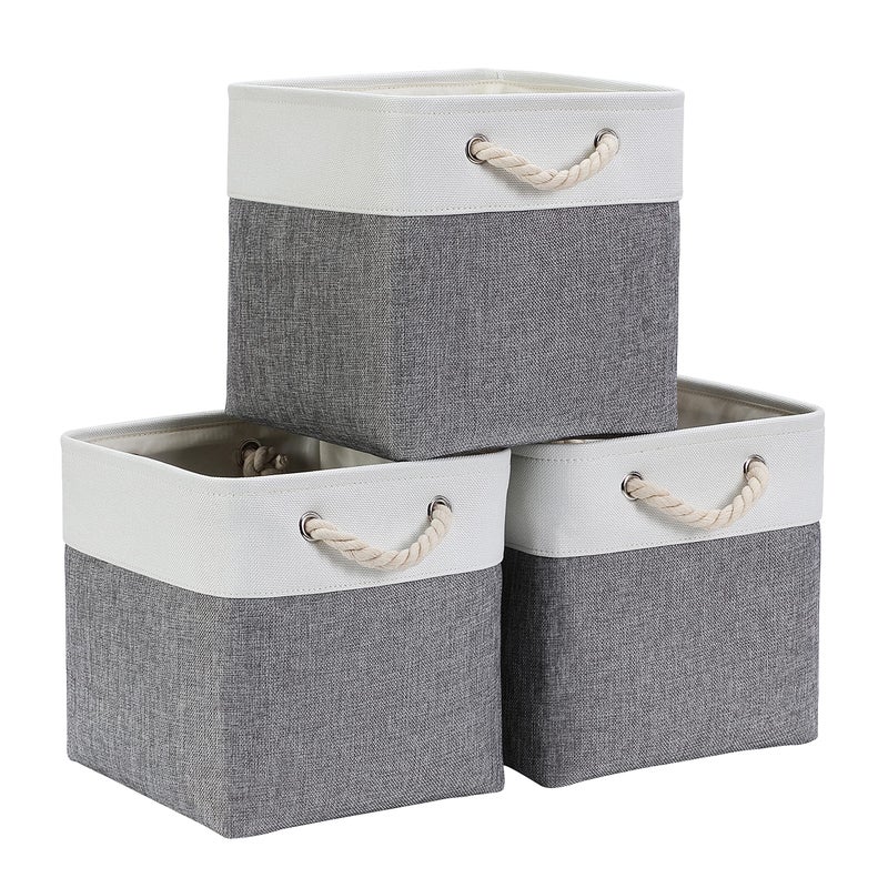 Mangata Cube Storage Boxes 30x30x30cm Fabric Storage Basket for Cupboards Shelves Closet Grey White Collapsible 3 Pack