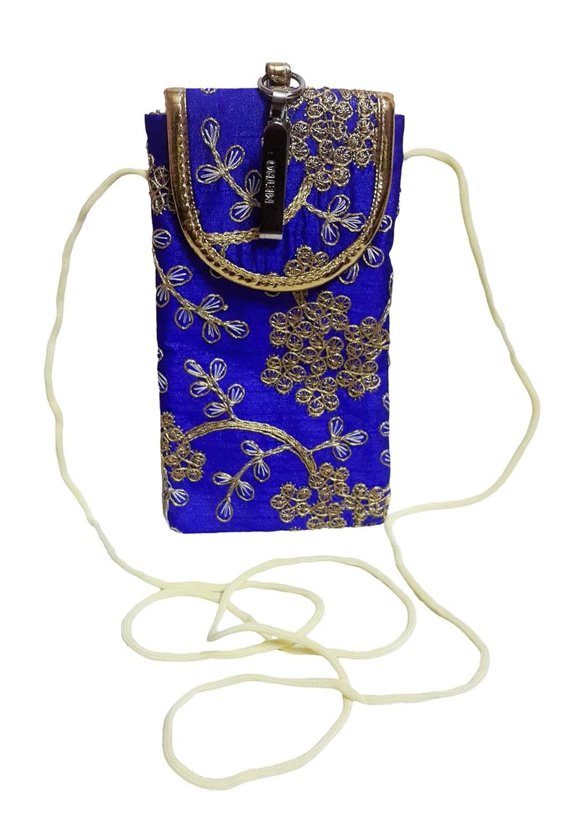 SUMERA WARQ Fancy Embroidered Mobile Pouch Cover for Women Designer Multicolor Handmade Ethnic with Sling & Clip (Blue) - Image 4