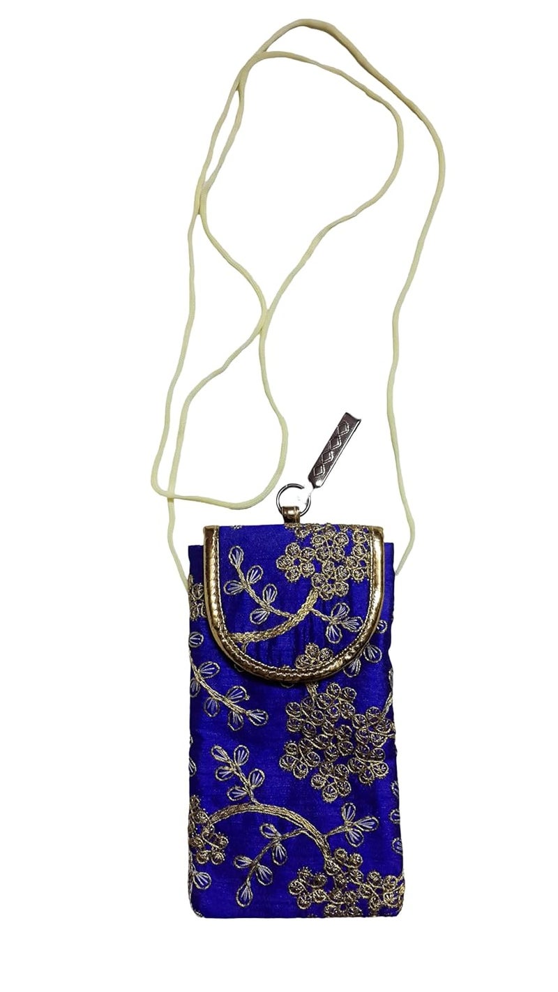 SUMERA WARQ Fancy Embroidered Mobile Pouch Cover for Women Designer Multicolor Handmade Ethnic with Sling & Clip (Blue) - Image 5