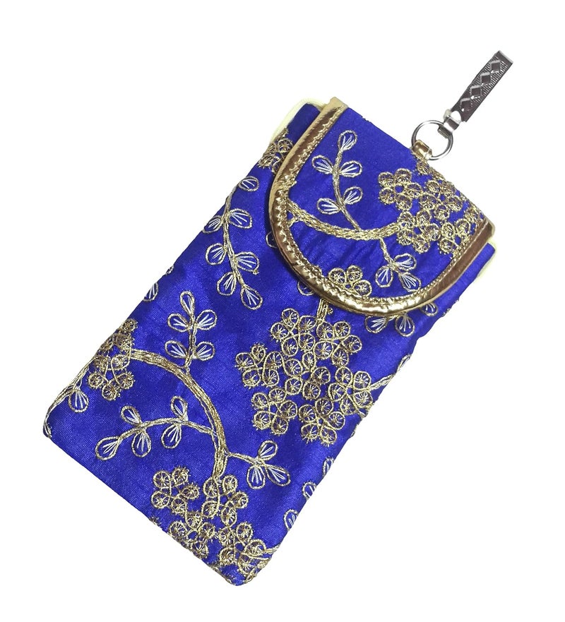 SUMERA WARQ Fancy Embroidered Mobile Pouch Cover for Women Designer Multicolor Handmade Ethnic with Sling & Clip (Blue) - Image 1