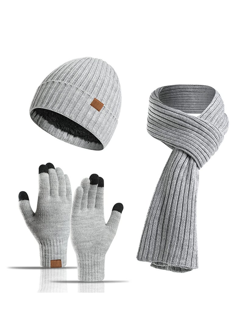 SYOSI 3Pcs Winter Beanie Hat Scarf Gloves Set for Men Womens Ski Cap Touch Screen Mittens Suit Couples Matching Hats Women Light Grey - Image 1