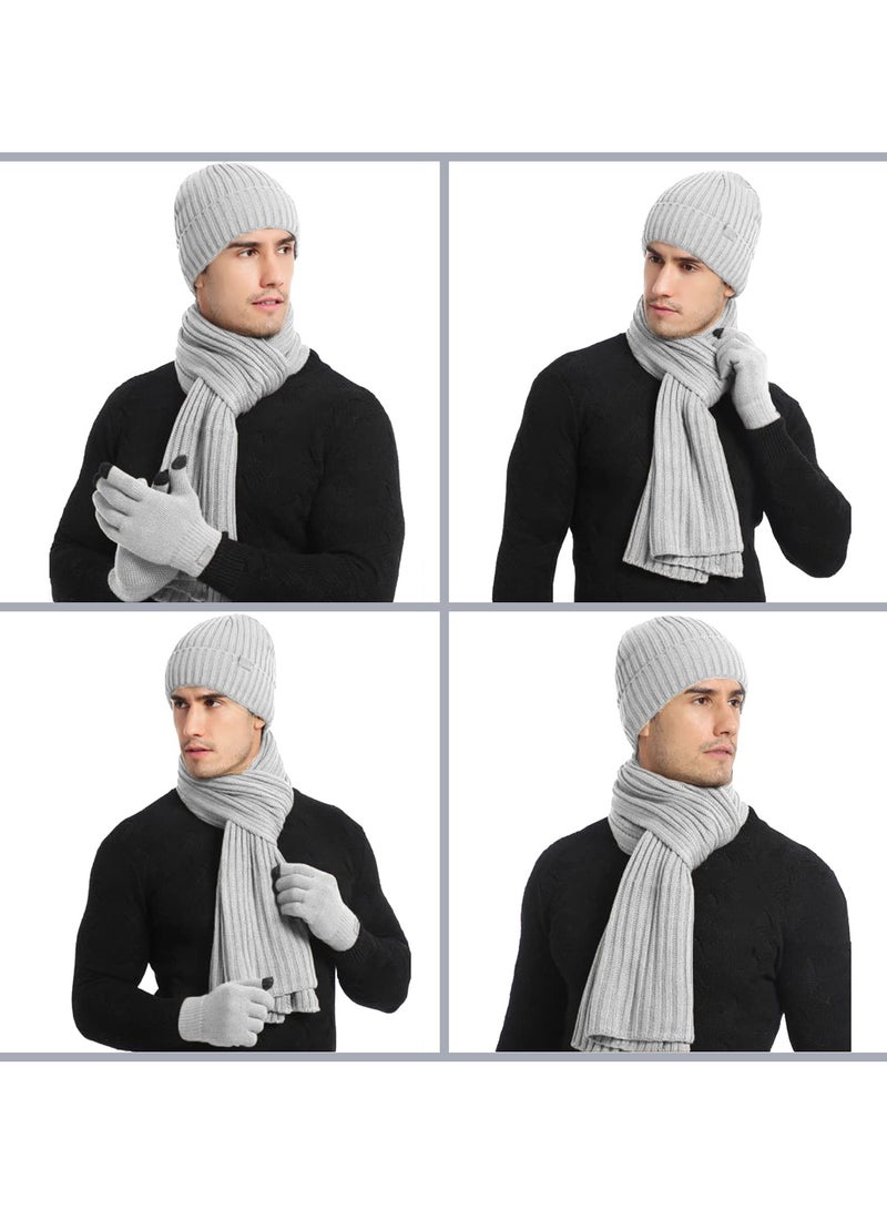 SYOSI 3Pcs Winter Beanie Hat Scarf Gloves Set for Men Womens Ski Cap Touch Screen Mittens Suit Couples Matching Hats Women Light Grey - Image 3