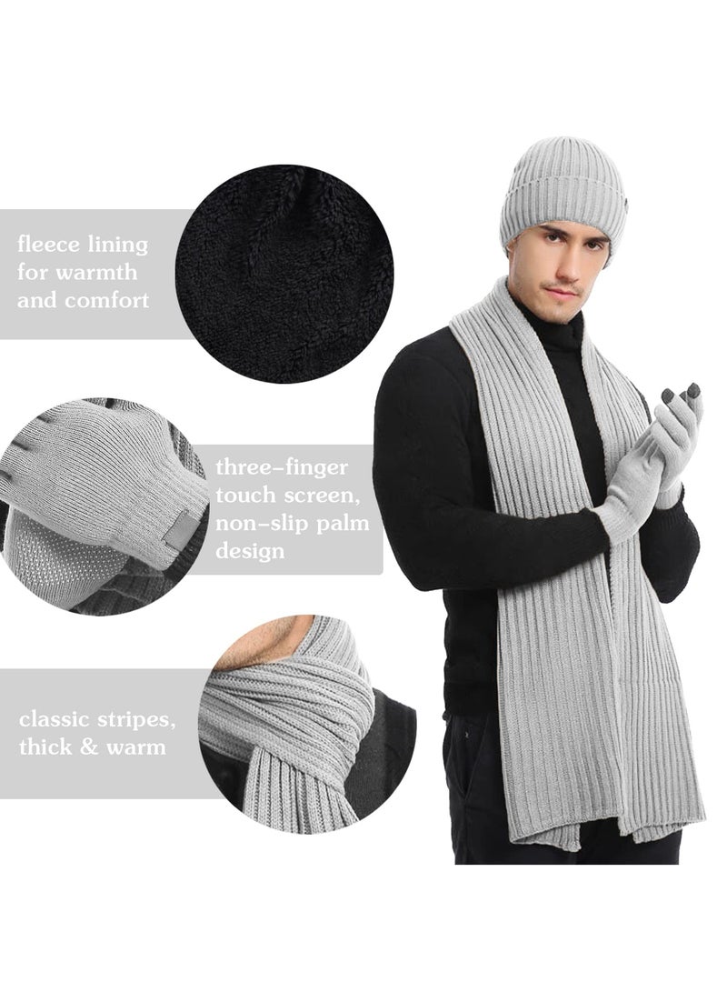 SYOSI 3Pcs Winter Beanie Hat Scarf Gloves Set for Men Womens Ski Cap Touch Screen Mittens Suit Couples Matching Hats Women Light Grey - Image 2