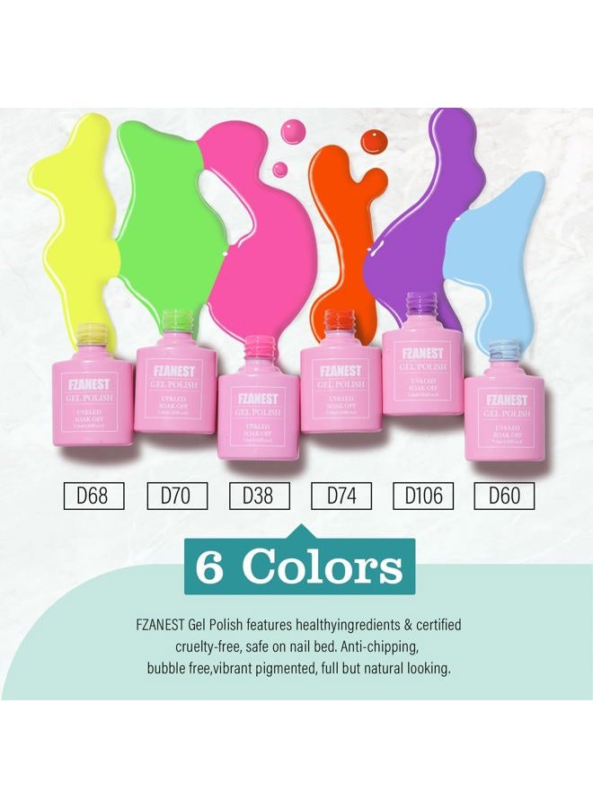 FZANEST Gel Nail Polish Set 6PCS Neon Yellow Green Hot Pink Blue Purple Gel Polish Kit - Image 2