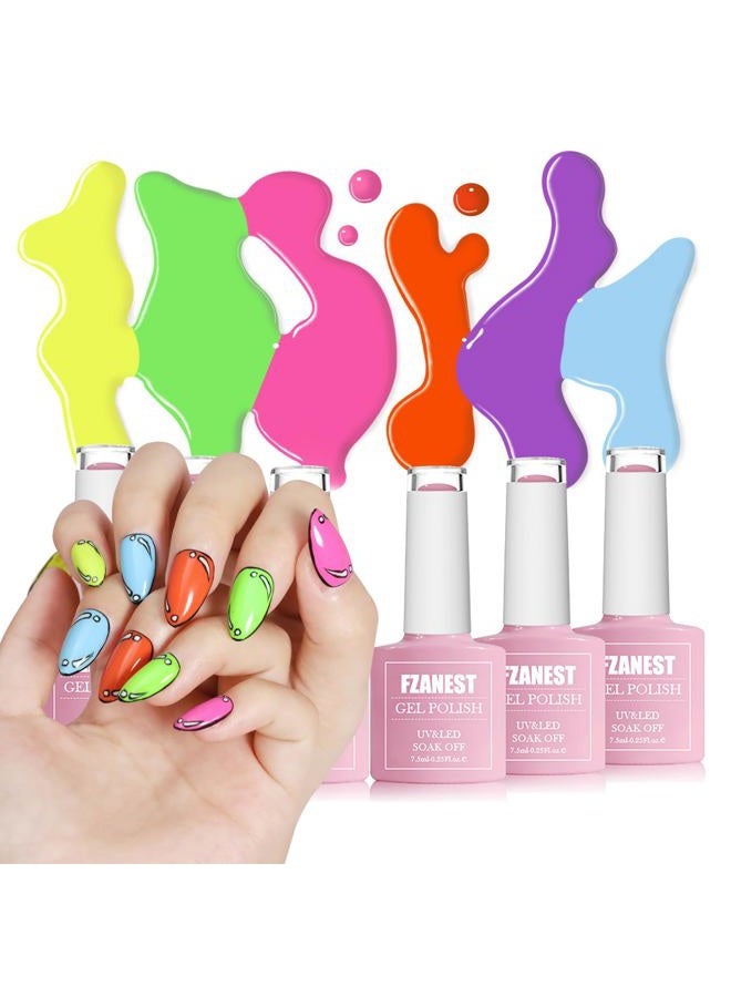 FZANEST Gel Nail Polish Set 6PCS Neon Yellow Green Hot Pink Blue Purple Gel Polish Kit - Image 1