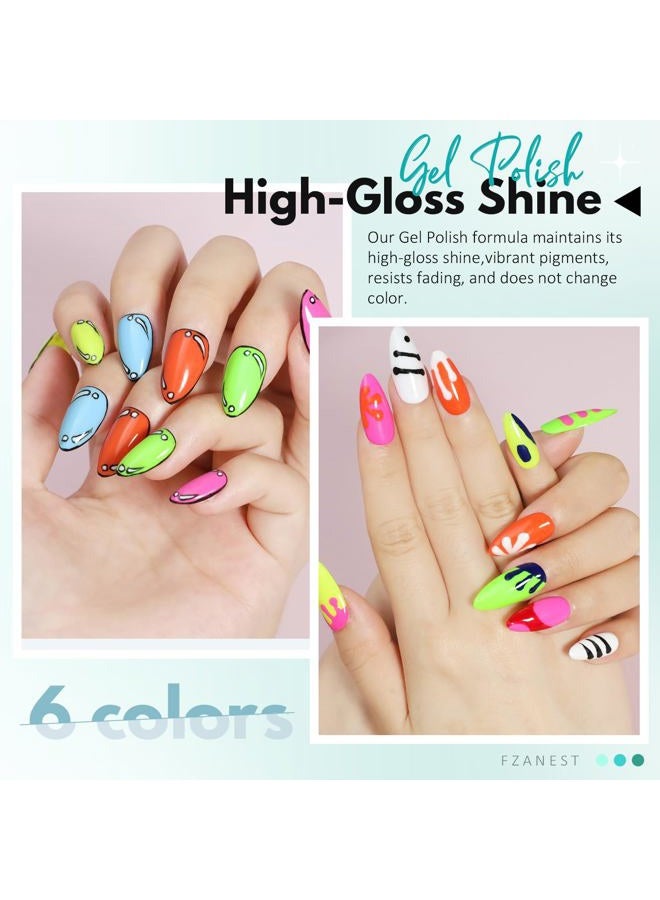 FZANEST Gel Nail Polish Set 6PCS Neon Yellow Green Hot Pink Blue Purple Gel Polish Kit - Image 4