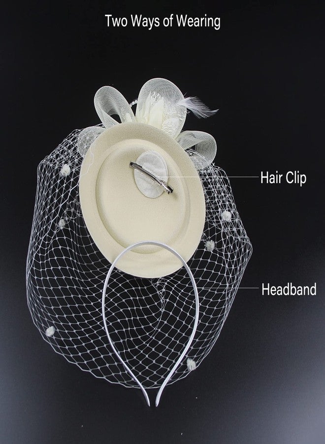 Cosfan Women's Fascinators Hat,Veil Feather Hair Clip,Vintage Flower Mesh Headband for Wedding Cocktail Tea Party Evening Party (Navy) - Image 5