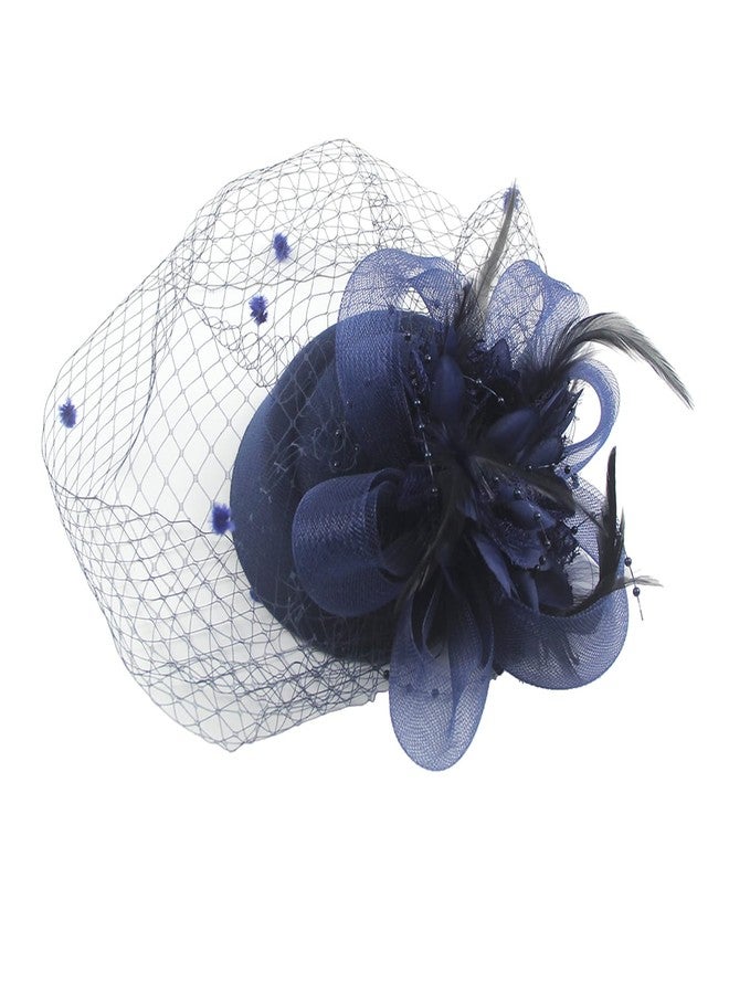 Cosfan Women's Fascinators Hat,Veil Feather Hair Clip,Vintage Flower Mesh Headband for Wedding Cocktail Tea Party Evening Party (Navy) - Image 1