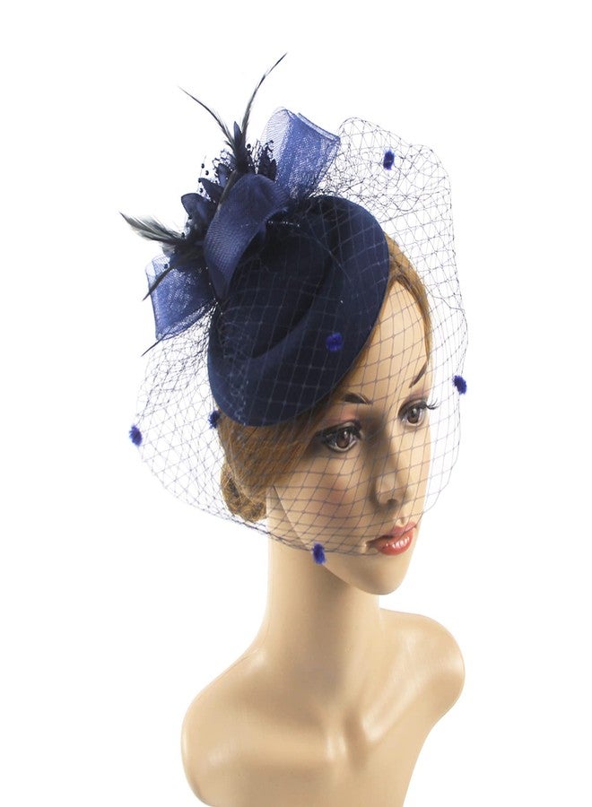 Cosfan Women's Fascinators Hat,Veil Feather Hair Clip,Vintage Flower Mesh Headband for Wedding Cocktail Tea Party Evening Party (Navy) - Image 2