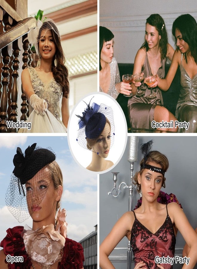 Cosfan Women's Fascinators Hat,Veil Feather Hair Clip,Vintage Flower Mesh Headband for Wedding Cocktail Tea Party Evening Party (Navy) - Image 3