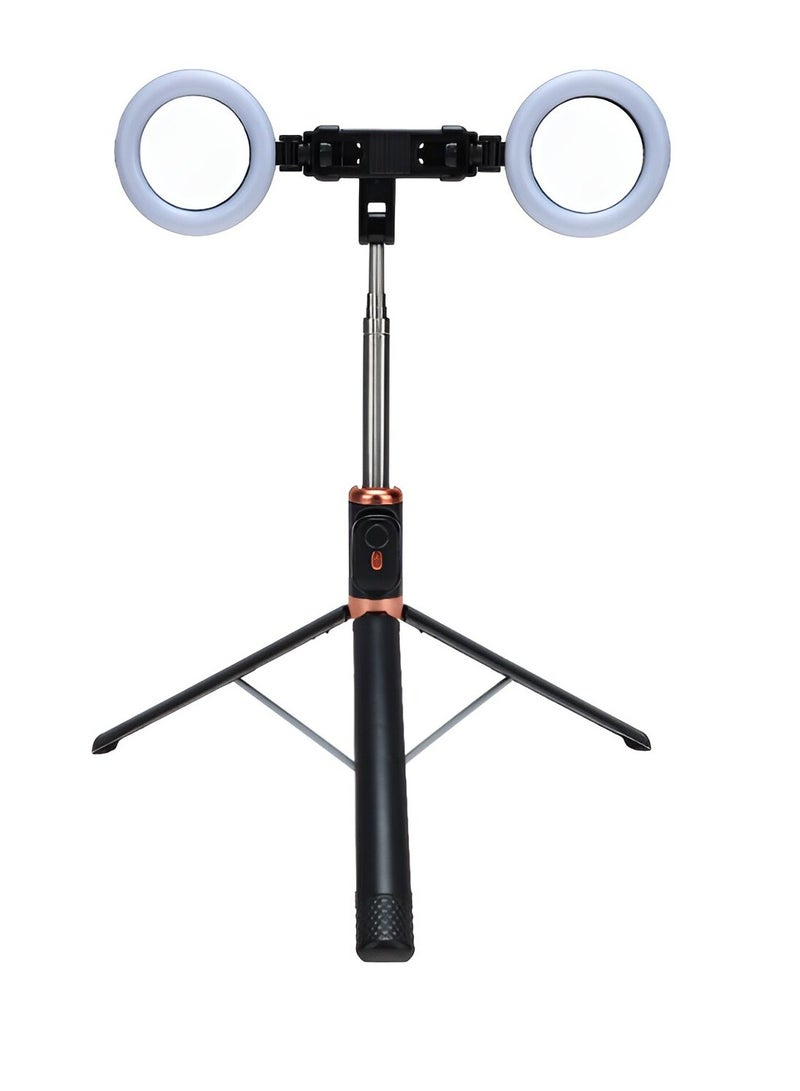 Selfie Stick Tripod With Two LED Ring Fill Lights Extendable Bluetooth With Remote - Image 1
